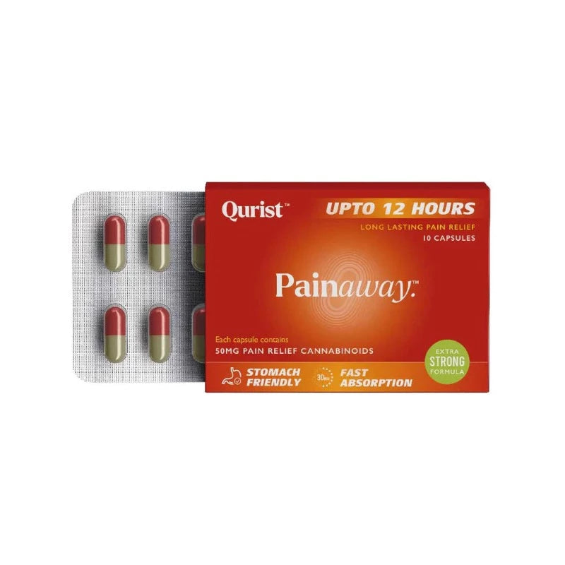 Blister pack and box of Qurist Painaway capsules for pain relief, with red and yellow capsules.