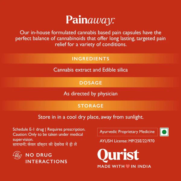 Advertisement for Painaway, a cannabis-based pain relief product by Qurist on a reddish-orange background.

