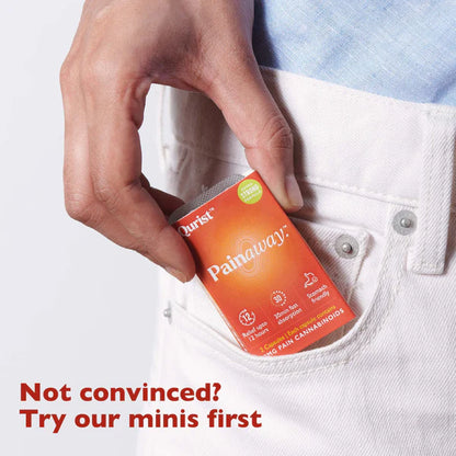 Hand placing an orange "Painaway" box into a white jeans pocket. 
