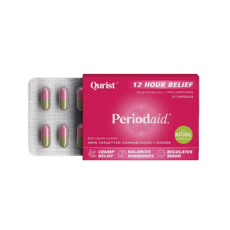 Blister pack with pink and green capsules and a pink box labeled Qurist Periodaid. 