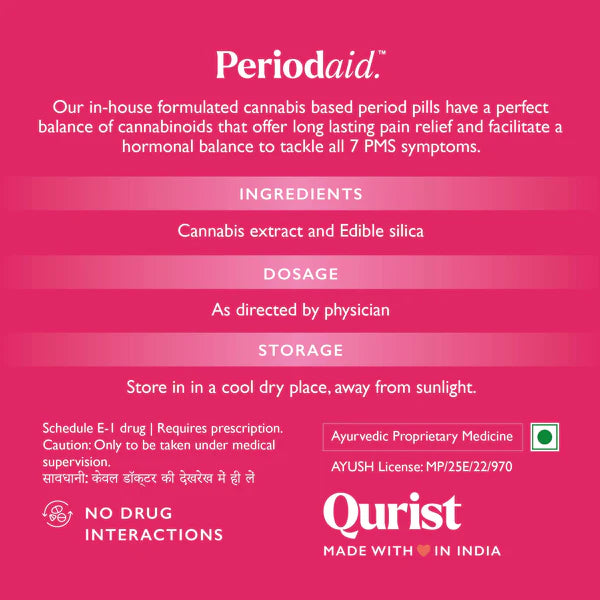 Label of Periodaid cannabis-based period pills with ingredients, dosage, storage, and caution information.

