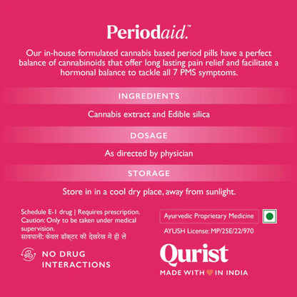 Label of Periodaid cannabis-based period pills with ingredients, dosage, storage, and caution information.

