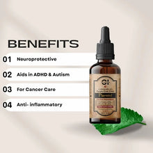 Load image into Gallery viewer, a bottle of cannazo pure cbd oil over a green leaf, benefits detail list.
