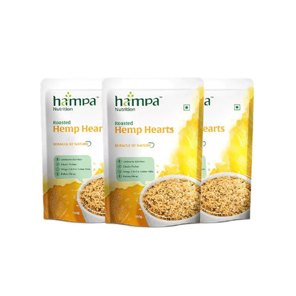 Three packages of hampa Nutrition Roasted Hemp Hearts on a white background