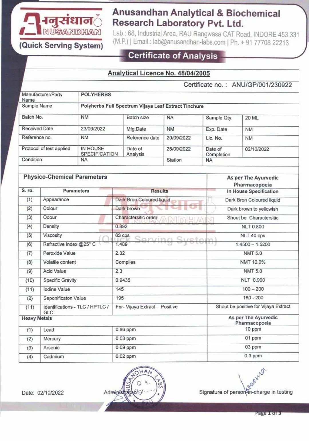 Certificate of Analysis from Anusandhan Analytical & Biochemical Research Laboratory for Polyherbs Full Spectrum Vijaya Leaf Extract Technique.