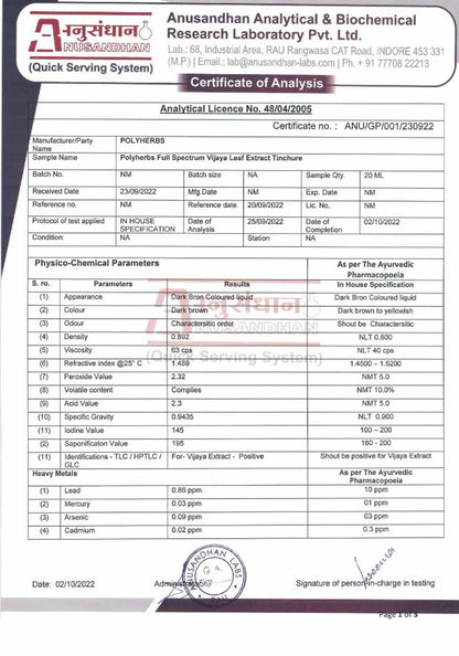 Certificate of Analysis from Anusandhan Analytical & Biochemical Research Laboratory for Polyherbs Full Spectrum Vijaya Leaf Extract Technique.