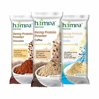 Three packages of Hampa Hemp Protein Powder in different flavors on a white background