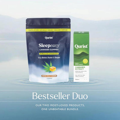 Bestseller Duo pack: Sleepeasy Gummies and Full Spectrum Cannabis Extract on a blue background.
