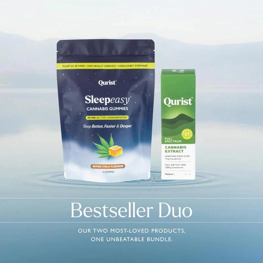 Bestseller Duo pack: Sleepeasy Gummies and Full Spectrum Cannabis Extract on a blue background.
