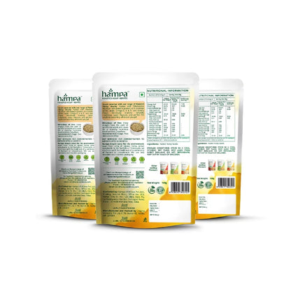 Three Hampa protein powder packages on a white background