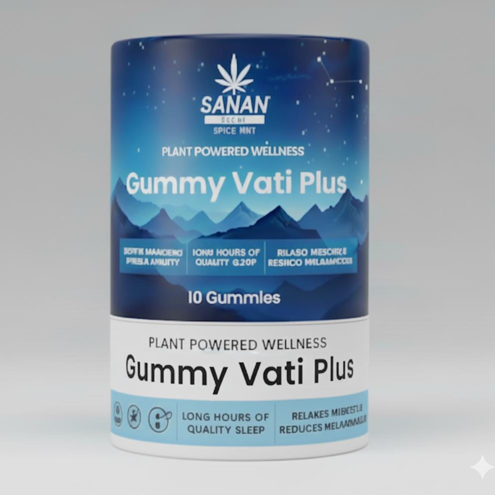 Container of Gummy Vati Plus with Sanan branding on a white background