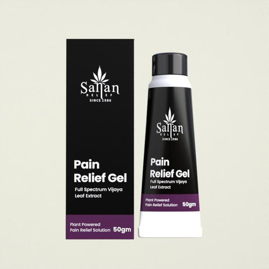 The image shows a black and white packaging of Sanan Pain Relief Gel with a 50 ml volume indicator. The packaging is designed with text and a graphic of a plant, indicating it is a pain relief gel with full spectrum Vijaya leaf extract.