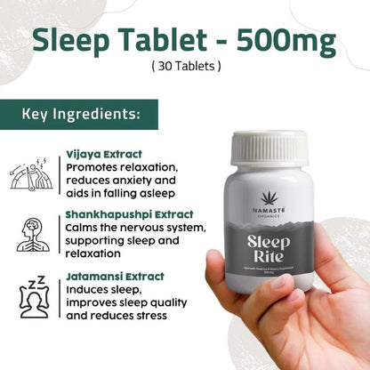 CBD Sleep tablet bottle labeled 'Sleep Rite' held by a hand with product details on a white background