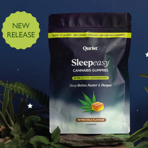 Advertisement featuring a package of Qurist Sleepeasy cannabis gummies.