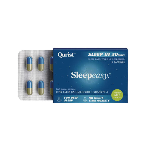 qurist sleepeasy cbd capsules in strips contains 10 capsules for sleep aid. Covered in blue color lite cardboard 