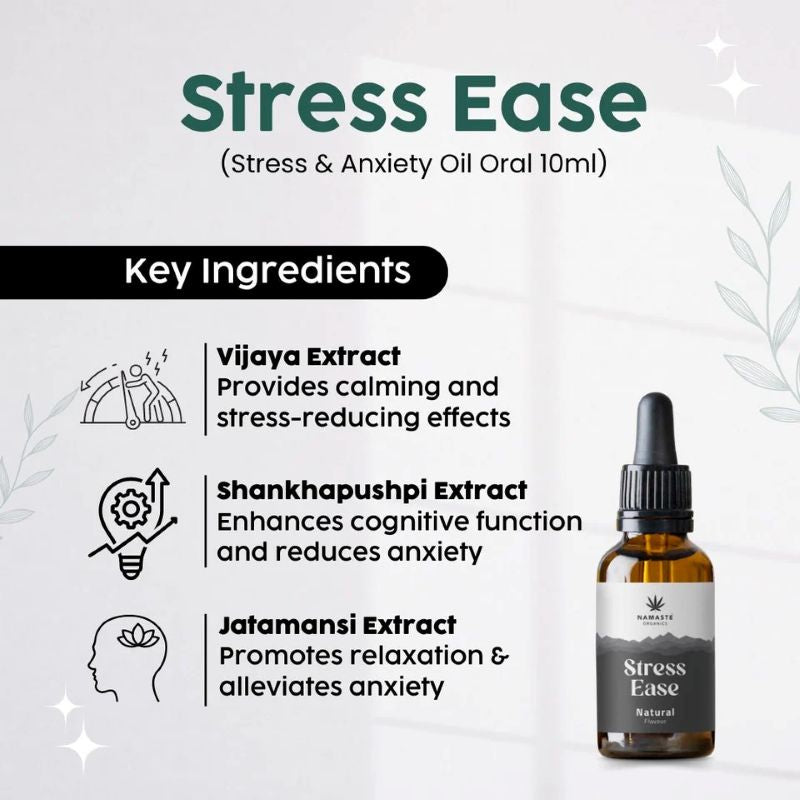 Stress Ease CBD oil bottle with key ingredients listed on a light background