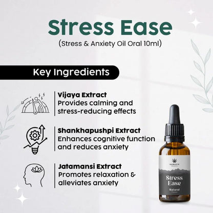 Stress Ease CBD oil bottle with key ingredients listed on a light background