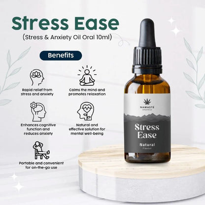 Stress Ease CBD oil bottle with benefits listed on a white background