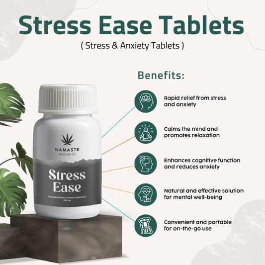 Bottle of Namaste Balance Stress Ease CBD Tablets with benefits listed on a white background.