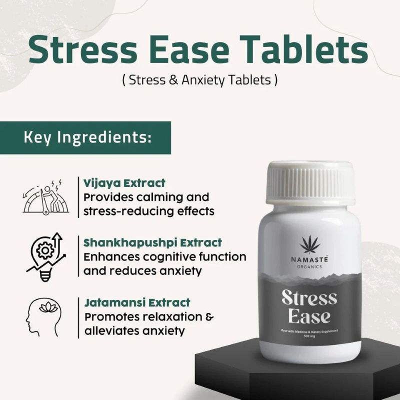 Stress Ease CBD Tablets packaging with key ingredients listed on a white background