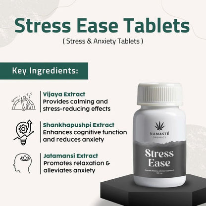 Stress Ease CBD Tablets packaging with key ingredients listed on a white background