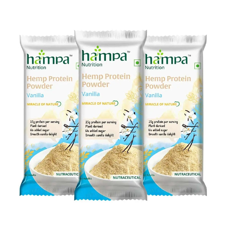 Three packages of hampa Hemp Protein Powder Vanilla flavor on a white background
