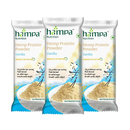 Three packages of hampa Hemp Protein Powder Vanilla flavor on a white background