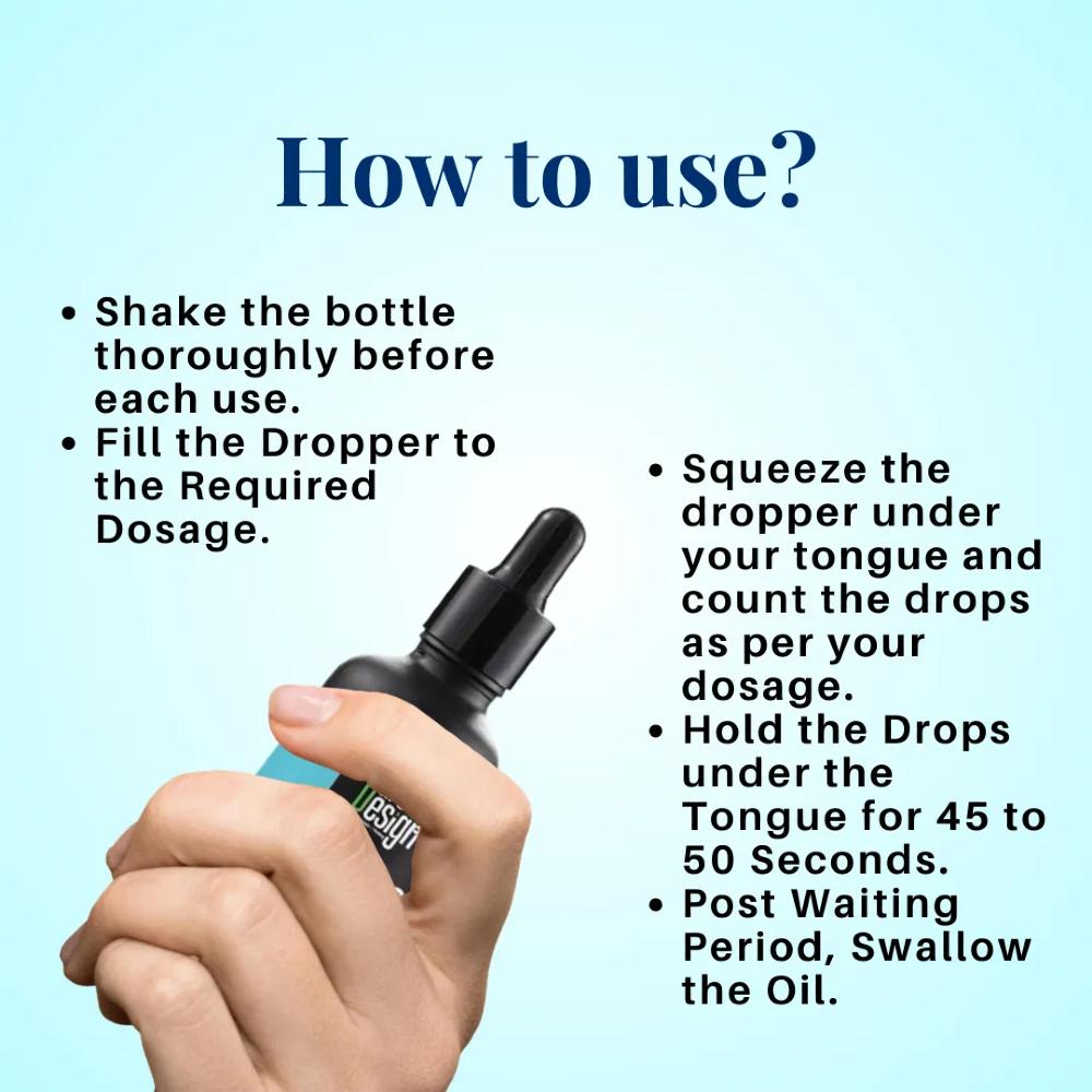 Hand holding a Cure By Design CBD Oil bottle with usage instructions on a light blue background