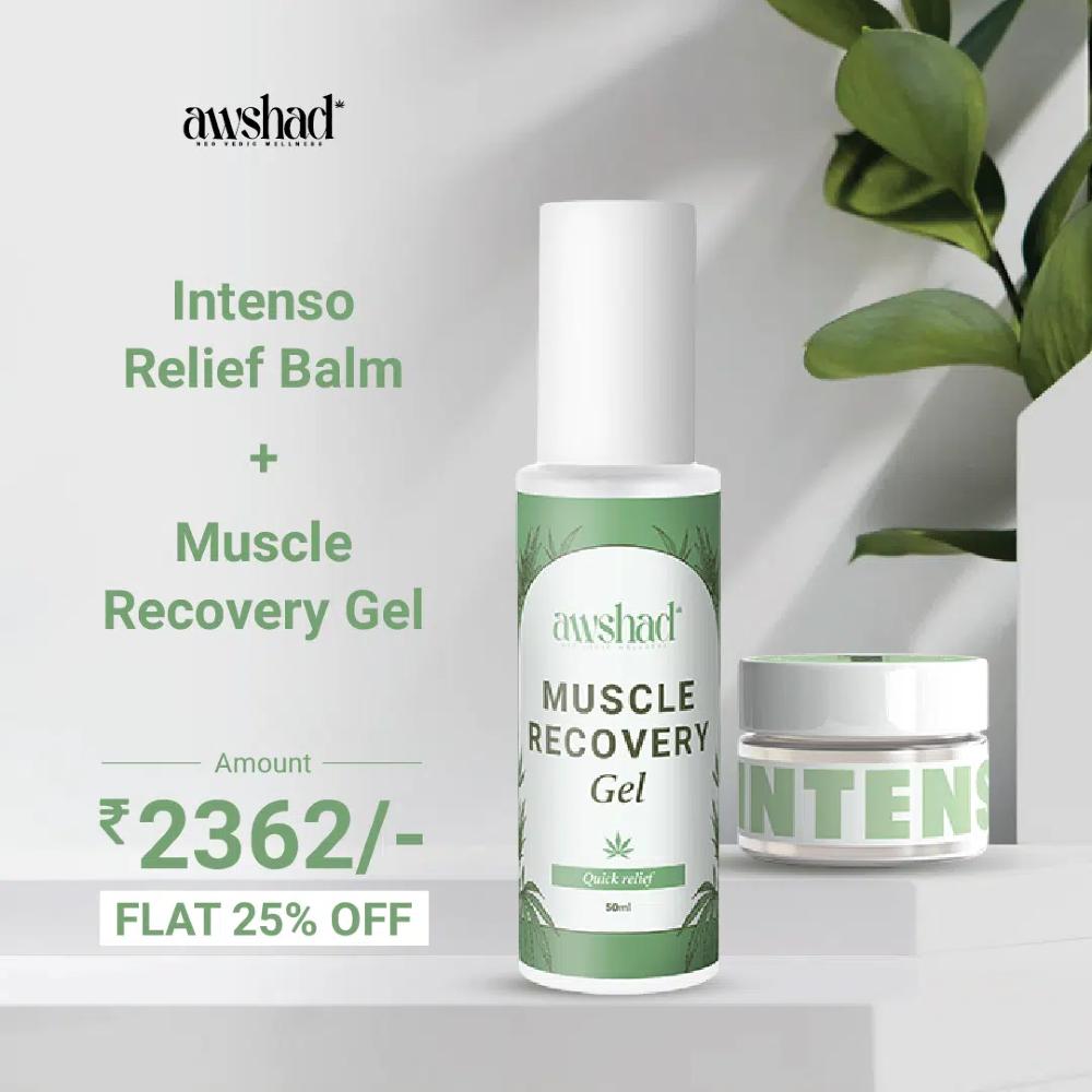 Ad for "Awshad" CBD Infused muscle recovery gel and relief balm with 25% discount, price displayed as ₹2362.