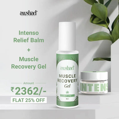 Ad for "Awshad" CBD Infused muscle recovery gel and relief balm with 25% discount, price displayed as ₹2362.