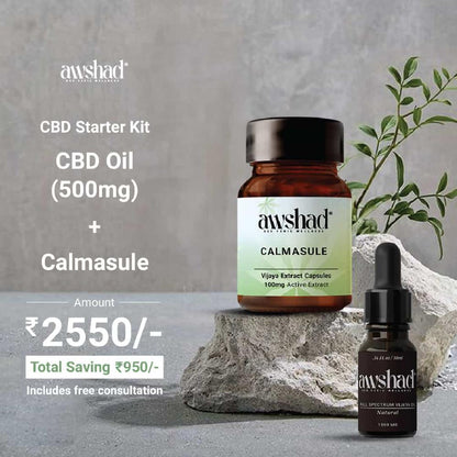 Price for a CBD Starter Kit with oil and capsules for ₹2550, including a free consultation.