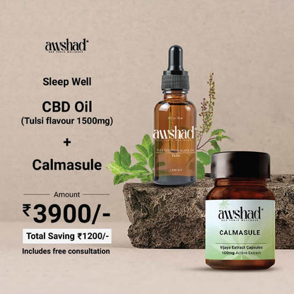 Ad for "Awshad" CBD sleep aid products with CBD oil and capsules, priced at ₹3900 with a ₹1200 saving.