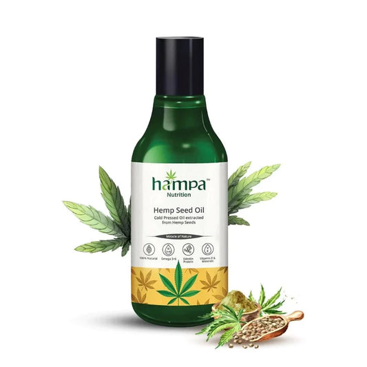 Bottle of Hampa Hemp Seed Oil with a label that includes hemp leaves and a description of the oil's benefits. The bottle is green and has a capacity of 250ml.